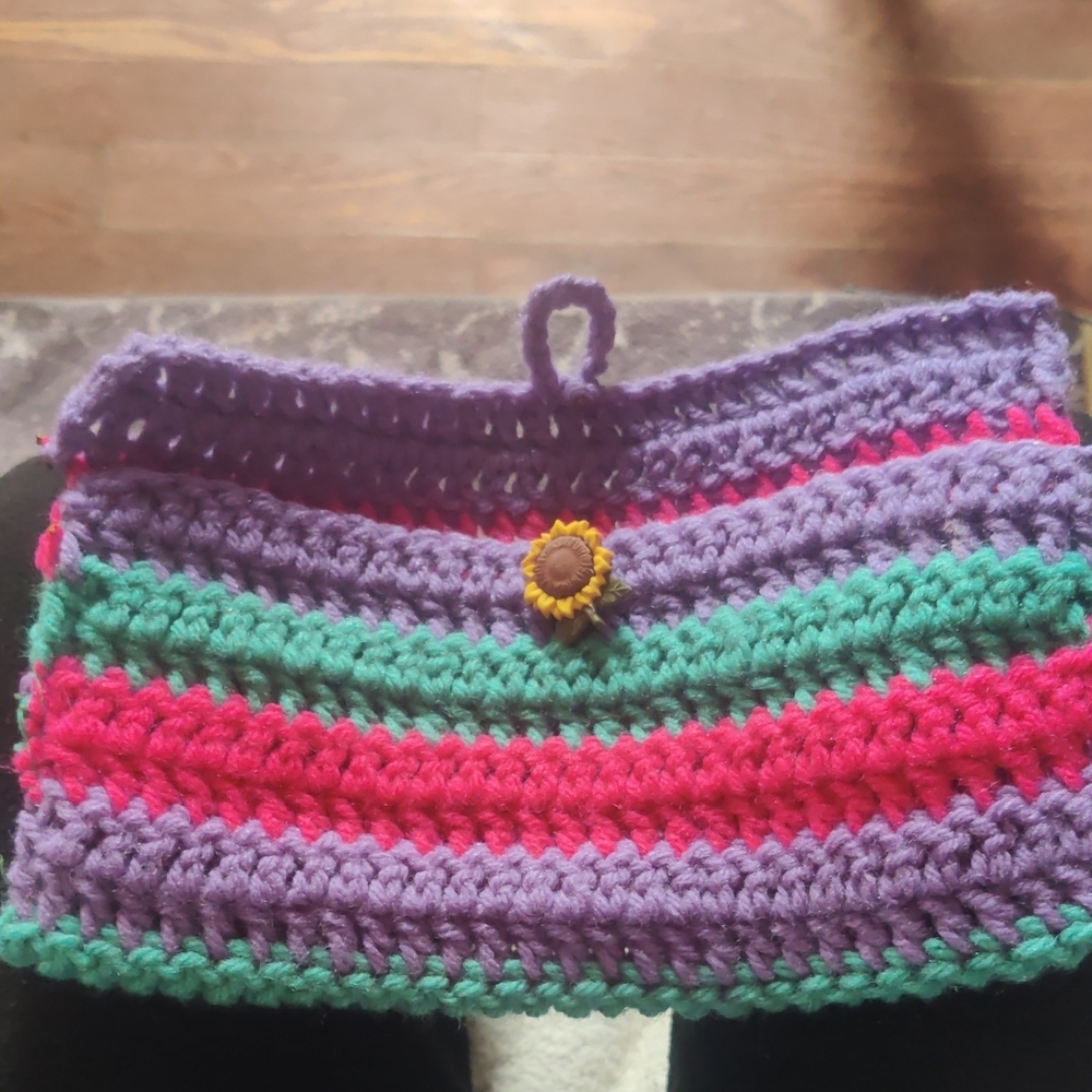 Handmade Crocheted Stripe Clutch with Sunflower Button - Purple, Pink, Green